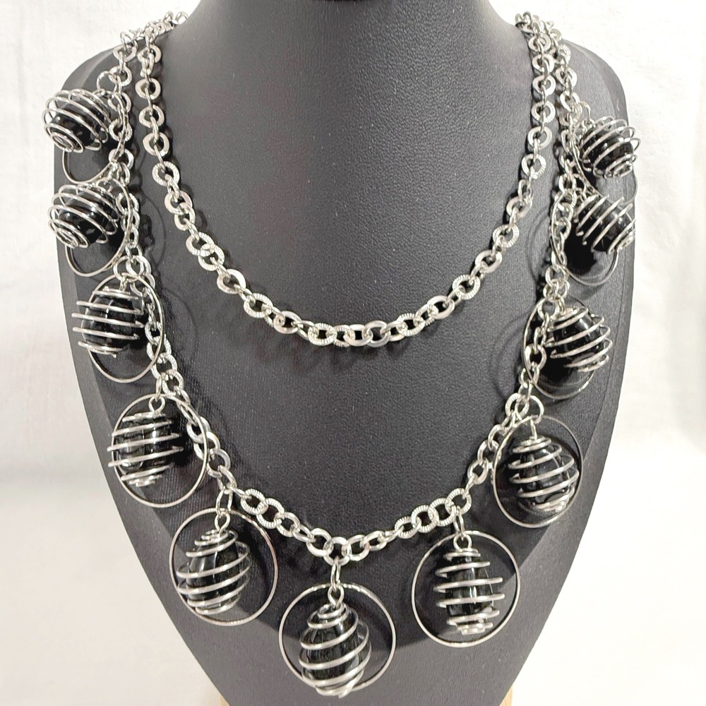 Spiral Cage Bead Charm Necklace Silver Tone Black Statement Edgy Unique Jewelry
